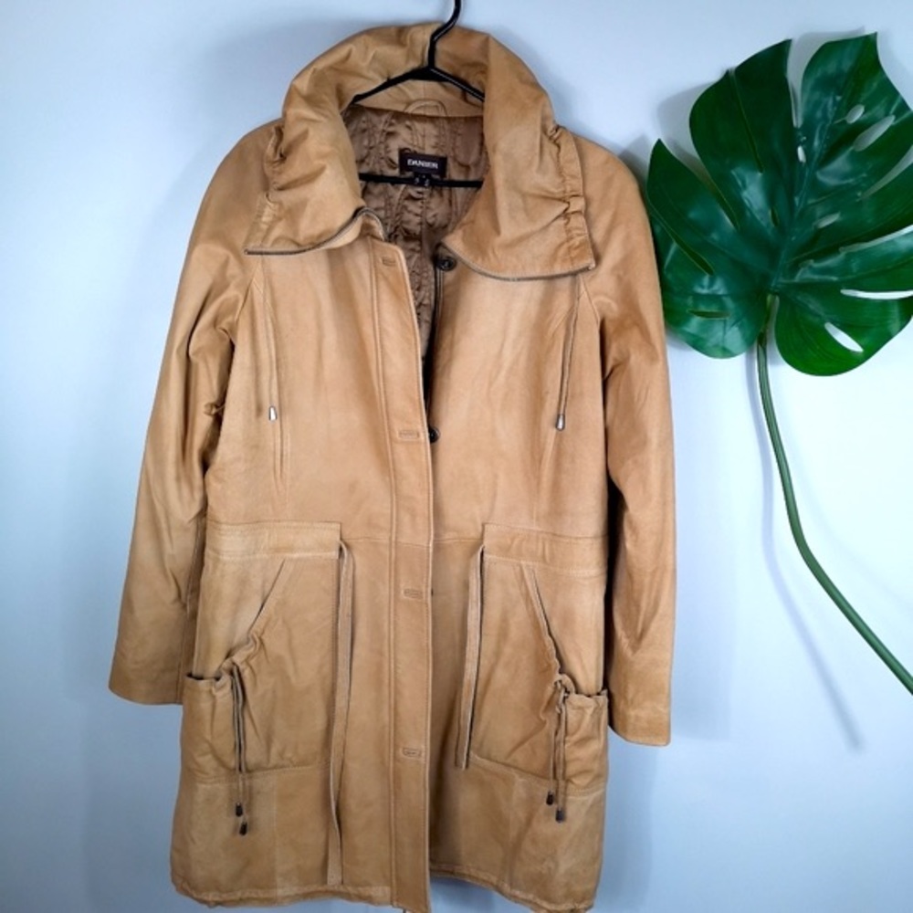 Danier leather tan long coat belted cinch waist